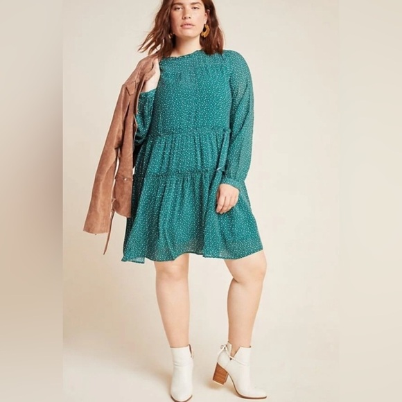 NWT! Anthropologie Maeve Esther Tiered Tunic 2X Green White Polkadot Dot Ruffle - Picture 1 of 7